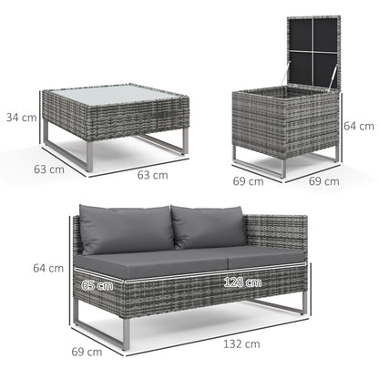 4-Piece Rattan Garden Furniture Set with 2 Double Sofas Central Table Table with Storage Chest Removable Cushions for Outdoor Terrace 132x69x64 cm Gray