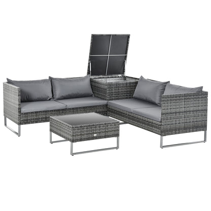 4-Piece Rattan Garden Furniture Set with 2 Double Sofas Central Table Table with Storage Chest Removable Cushions for Outdoor Terrace 132x69x64 cm Gray