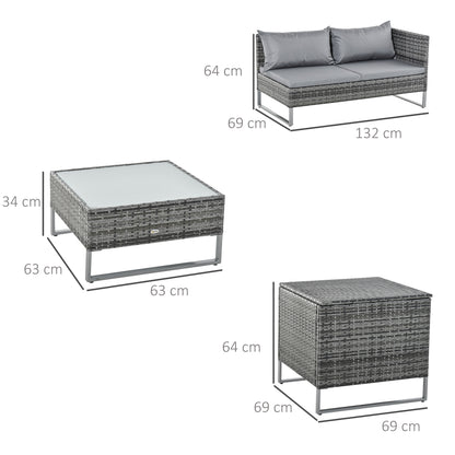 4-Piece Rattan Garden Furniture Set with 2 Double Sofas Central Table Table with Storage Chest Removable Cushions for Outdoor Terrace 132x69x64 cm Gray