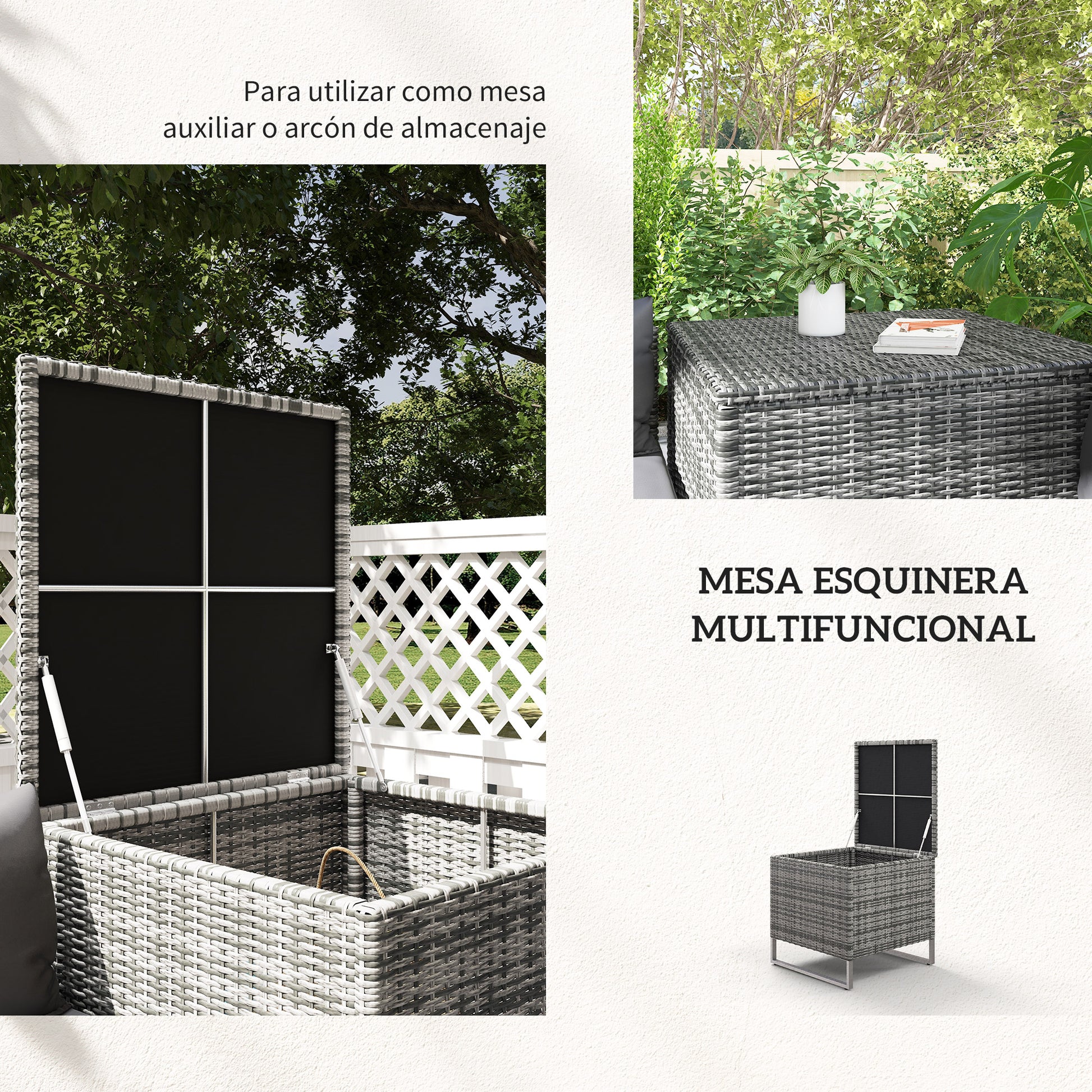 4-Piece Rattan Garden Furniture Set with 2 Double Sofas Central Table Table with Storage Chest Removable Cushions for Outdoor Terrace 132x69x64 cm Gray