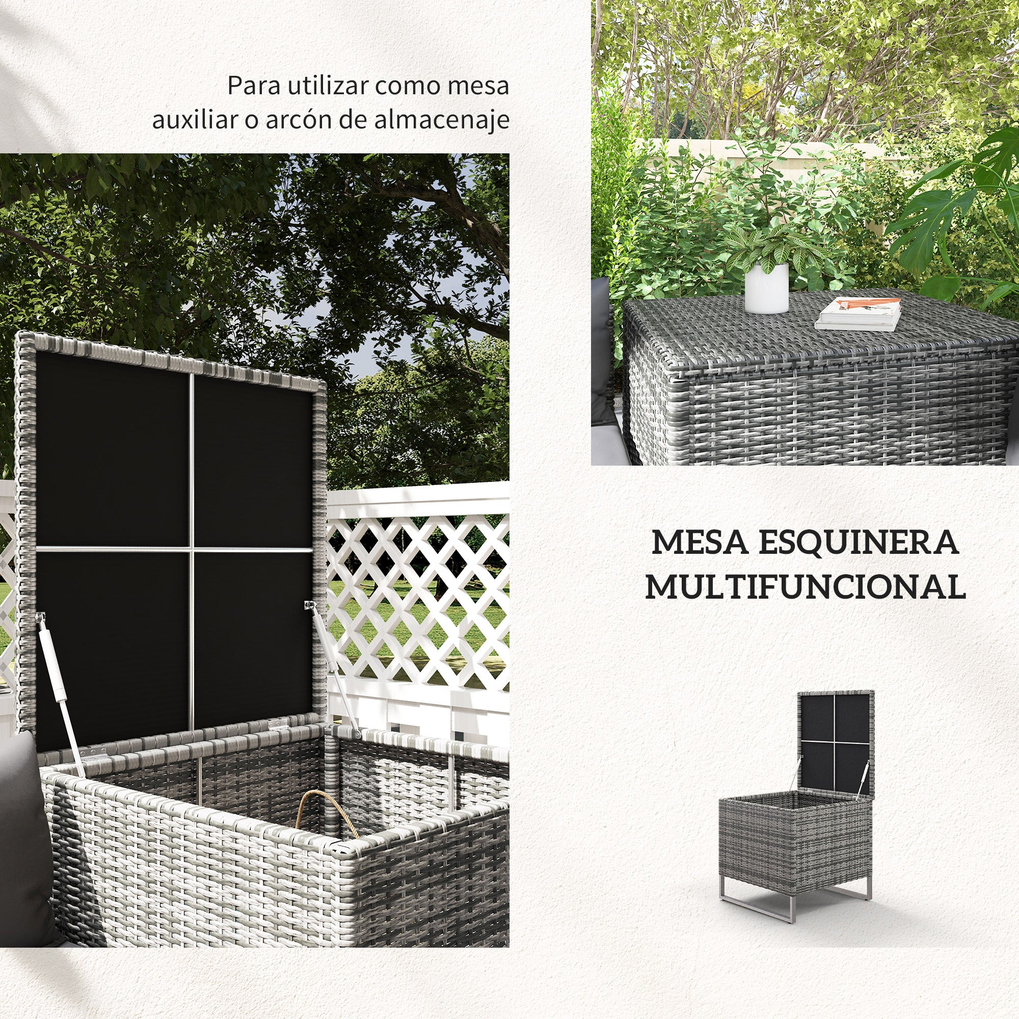 4-Piece Rattan Garden Furniture Set with 2 Double Sofas Central Table Table with Storage Chest Removable Cushions for Outdoor Terrace 132x69x64 cm Gray