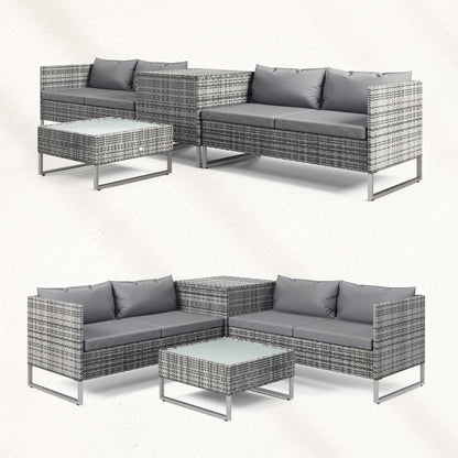 4-Piece Rattan Garden Furniture Set with 2 Double Sofas Central Table Table with Storage Chest Removable Cushions for Outdoor Terrace 132x69x64 cm Gray