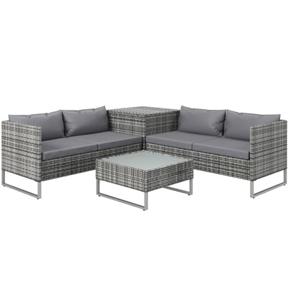 4-Piece Rattan Garden Furniture Set with 2 Double Sofas Central Table Table with Storage Chest Removable Cushions for Outdoor Terrace 132x69x64 cm Gray