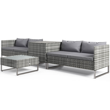 4-Piece Rattan Garden Furniture Set with 2 Double Sofas Central Table Table with Storage Chest Removable Cushions for Outdoor Terrace 132x69x64 cm Gray