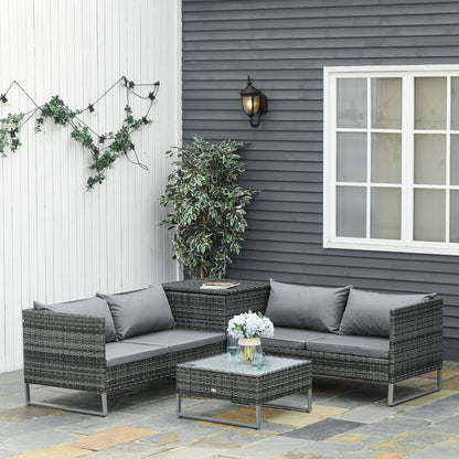 4-Piece Rattan Garden Furniture Set with 2 Double Sofas Central Table Table with Storage Chest Removable Cushions for Outdoor Terrace 132x69x64 cm Gray