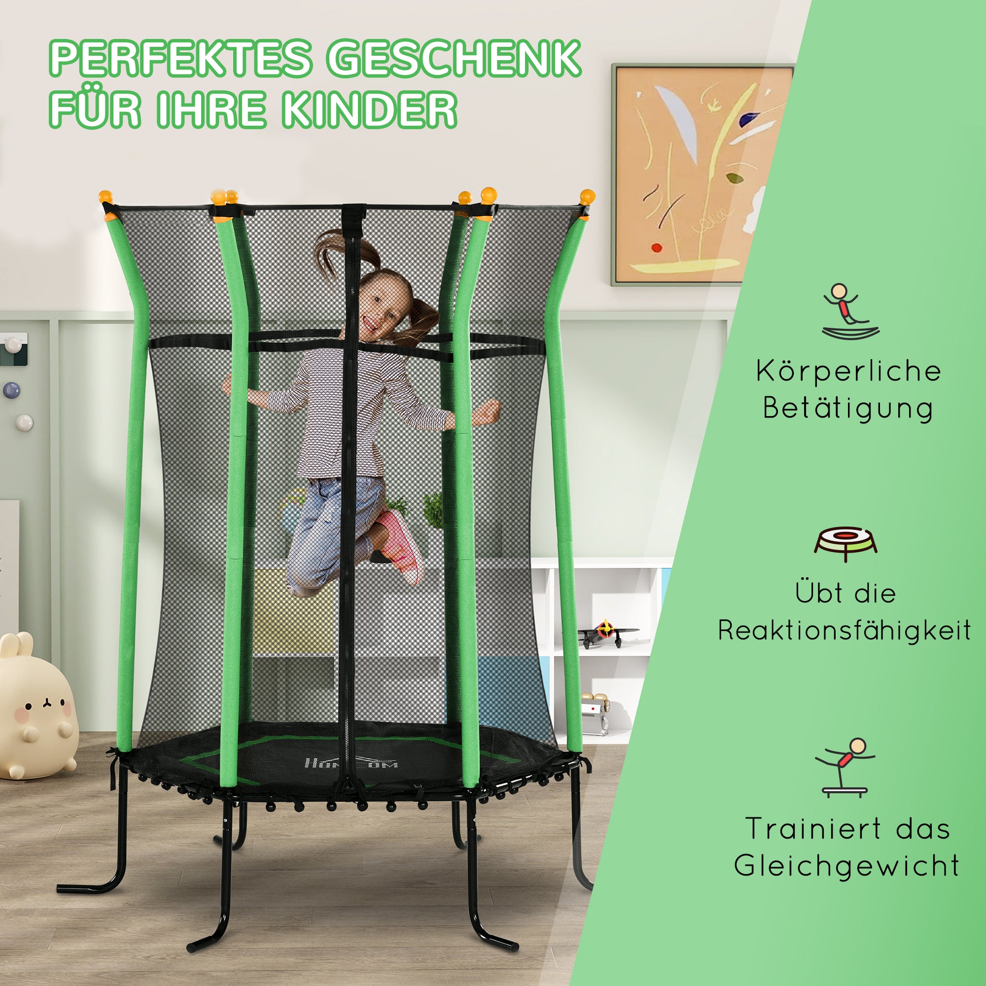 Children's Trampoline Ø163.5 cm, Indoor Trampoline with Safety Net Edge Cover Bungee Cord, Children's Trampoline up to 50 kg, for children 3-10 years old Green