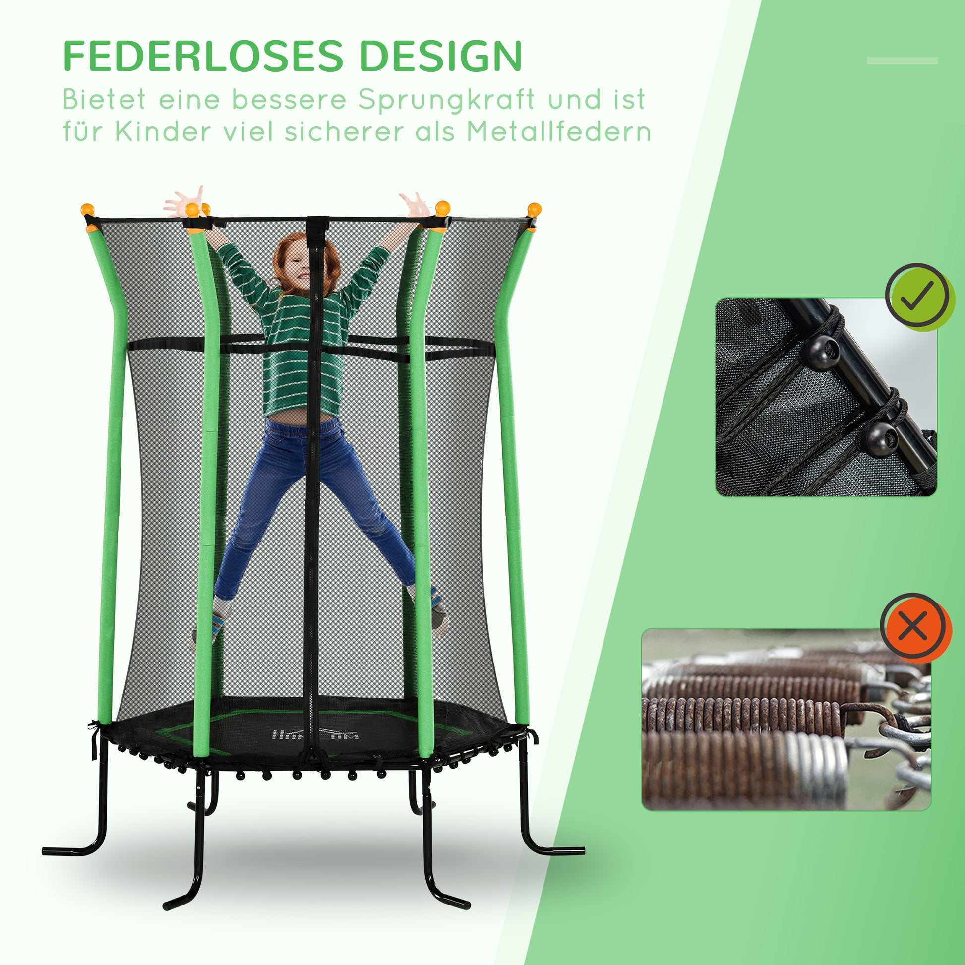 Children's Trampoline Ø163.5 cm, Indoor Trampoline with Safety Net Edge Cover Bungee Cord, Children's Trampoline up to 50 kg, for children 3-10 years old Green