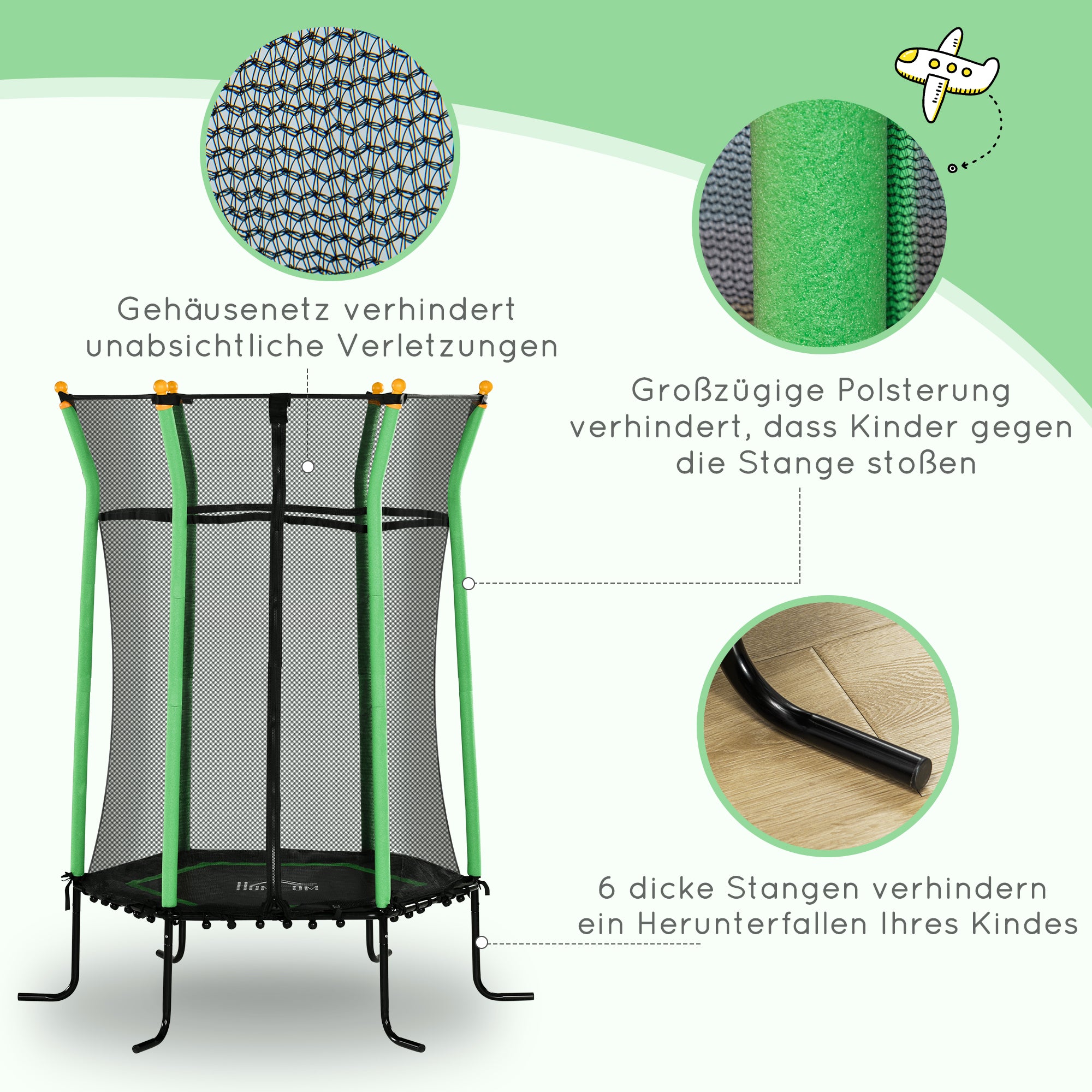 Children's Trampoline Ø163.5 cm, Indoor Trampoline with Safety Net Edge Cover Bungee Cord, Children's Trampoline up to 50 kg, for children 3-10 years old Green