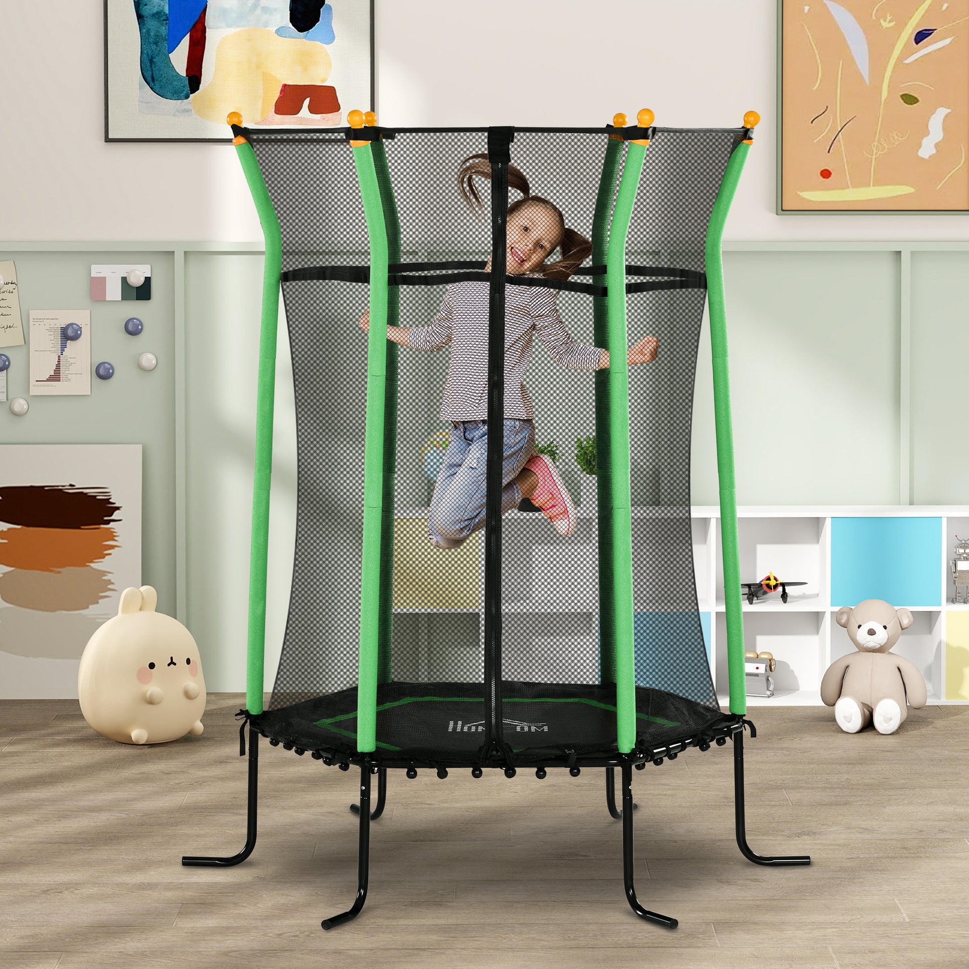 Children's Trampoline Ø163.5 cm, Indoor Trampoline with Safety Net Edge Cover Bungee Cord, Children's Trampoline up to 50 kg, for children 3-10 years old Green