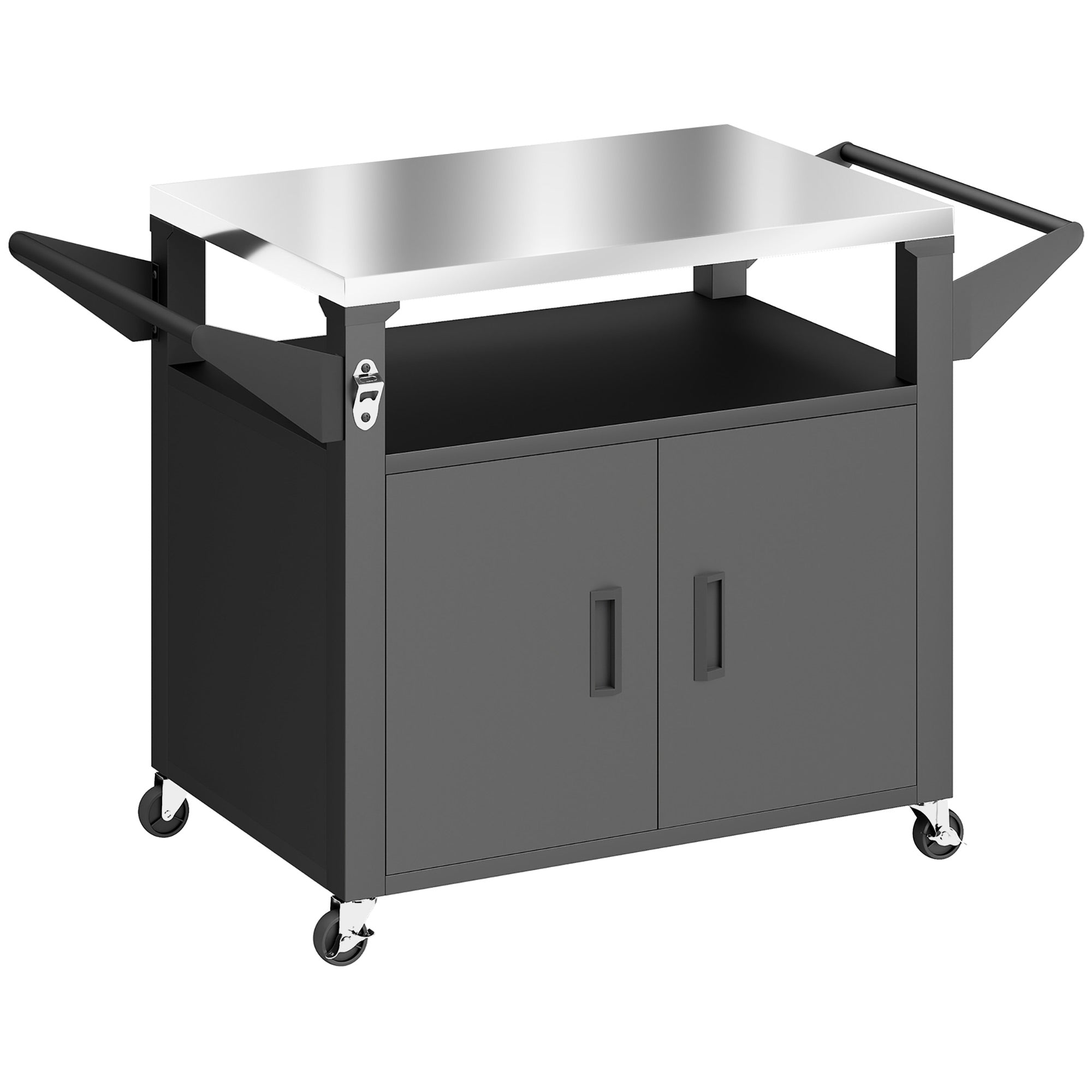 Kitchen Cart with Wheels, Serving Trolley with Cabinet, Handles, Kitchen Helper — BBQ Grill Table with Stainless Steel Top, 46.1 x 21.7 x 30.7 in, Black