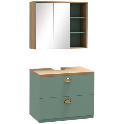Bathroom Furniture Set Mirror Cabinet Bathroom + Suspended Under Sink Cabinet with Adjustable Shelves 2 Drawers Scandinavian Design Green