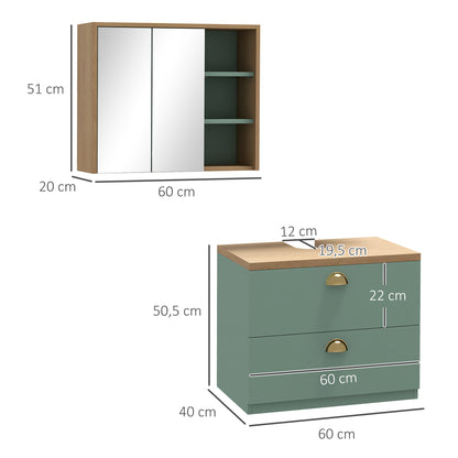 Bathroom Furniture Set Mirror Cabinet Bathroom + Suspended Under Sink Cabinet with Adjustable Shelves 2 Drawers Scandinavian Design Green