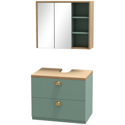 Bathroom Furniture Set Mirror Cabinet Bathroom + Suspended Under Sink Cabinet with Adjustable Shelves 2 Drawers Scandinavian Design Green