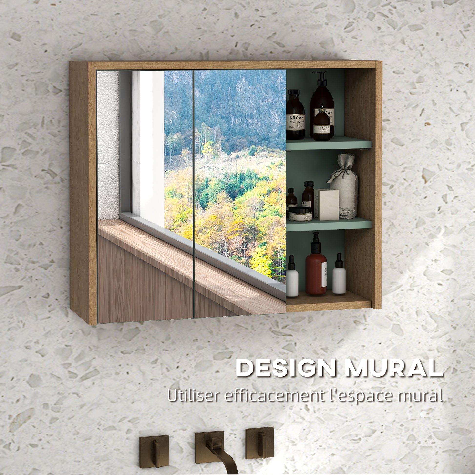Bathroom Furniture Set Mirror Cabinet Bathroom + Suspended Under Sink Cabinet with Adjustable Shelves 2 Drawers Scandinavian Design Green