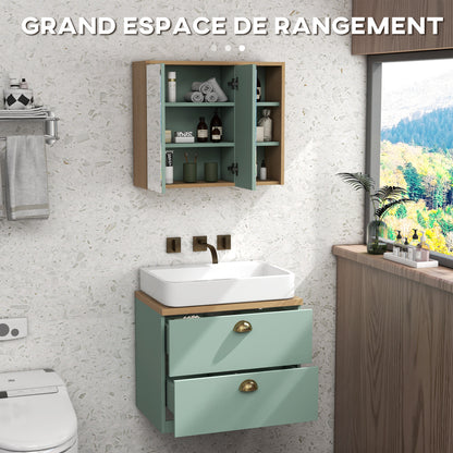 Bathroom Furniture Set Mirror Cabinet Bathroom + Suspended Under Sink Cabinet with Adjustable Shelves 2 Drawers Scandinavian Design Green