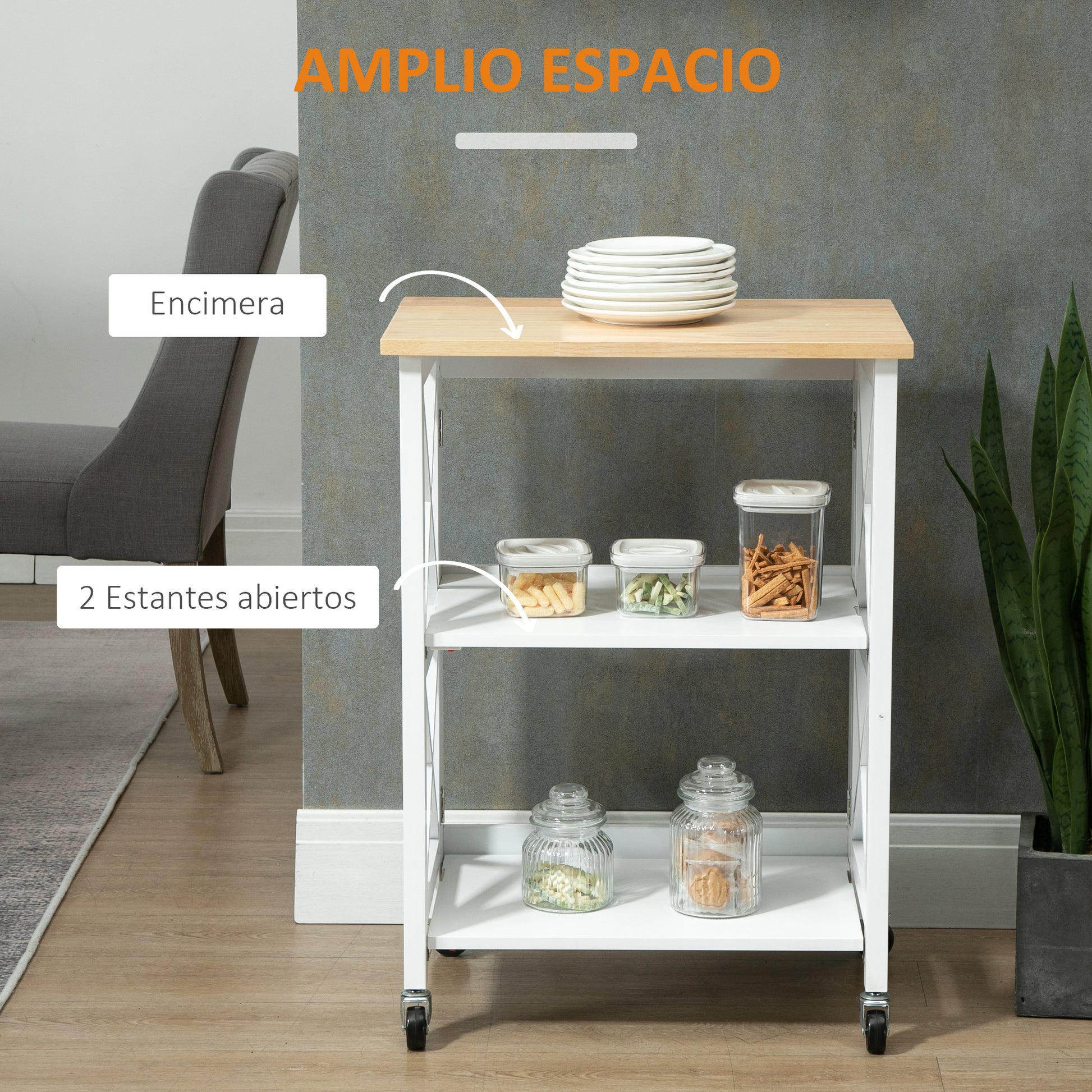 Folding Kitchen Cart Auxiliary Cart with Wheels Vegetable Cart with 2 Shelves for Dining Room Load 40 kg 60x40x84 cm White
