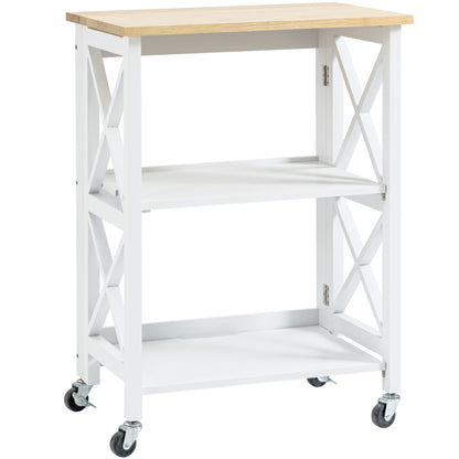 Folding Kitchen Cart Auxiliary Cart with Wheels Vegetable Cart with 2 Shelves for Dining Room Load 40 kg 60x40x84 cm White