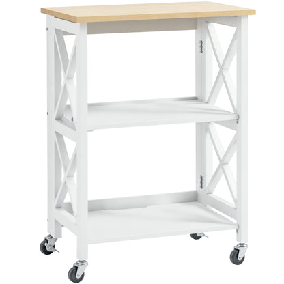 Folding Kitchen Cart Auxiliary Cart with Wheels Vegetable Cart with 2 Shelves for Dining Room Load 40 kg 60x40x84 cm White