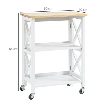 Folding Kitchen Cart Auxiliary Cart with Wheels Vegetable Cart with 2 Shelves for Dining Room Load 40 kg 60x40x84 cm White