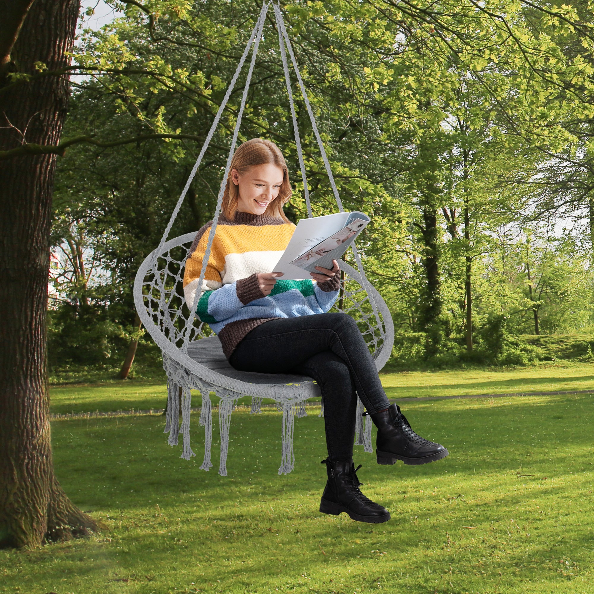 Round Hanging Chair Ø60 cm Hammock Swing with Cushion and Cotton Rope for Indoor and Outdoor 80x80x42 cm Gray