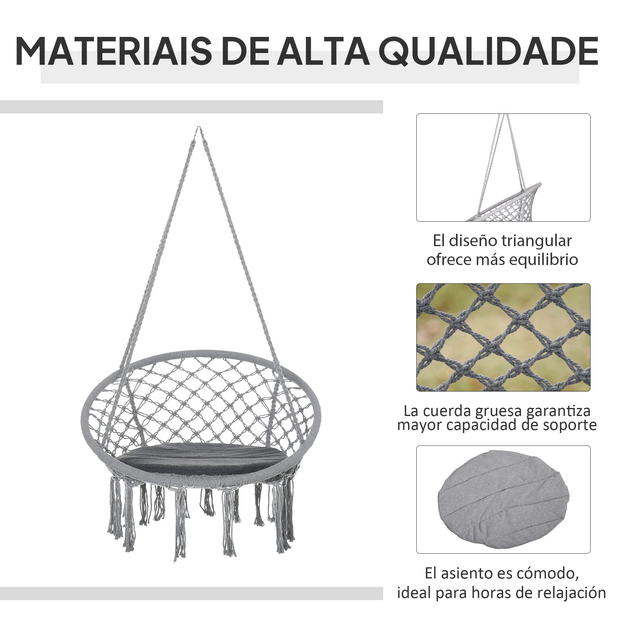Round Hanging Chair Ø60 cm Hammock Swing with Cushion and Cotton Rope for Indoor and Outdoor 80x80x42 cm Gray