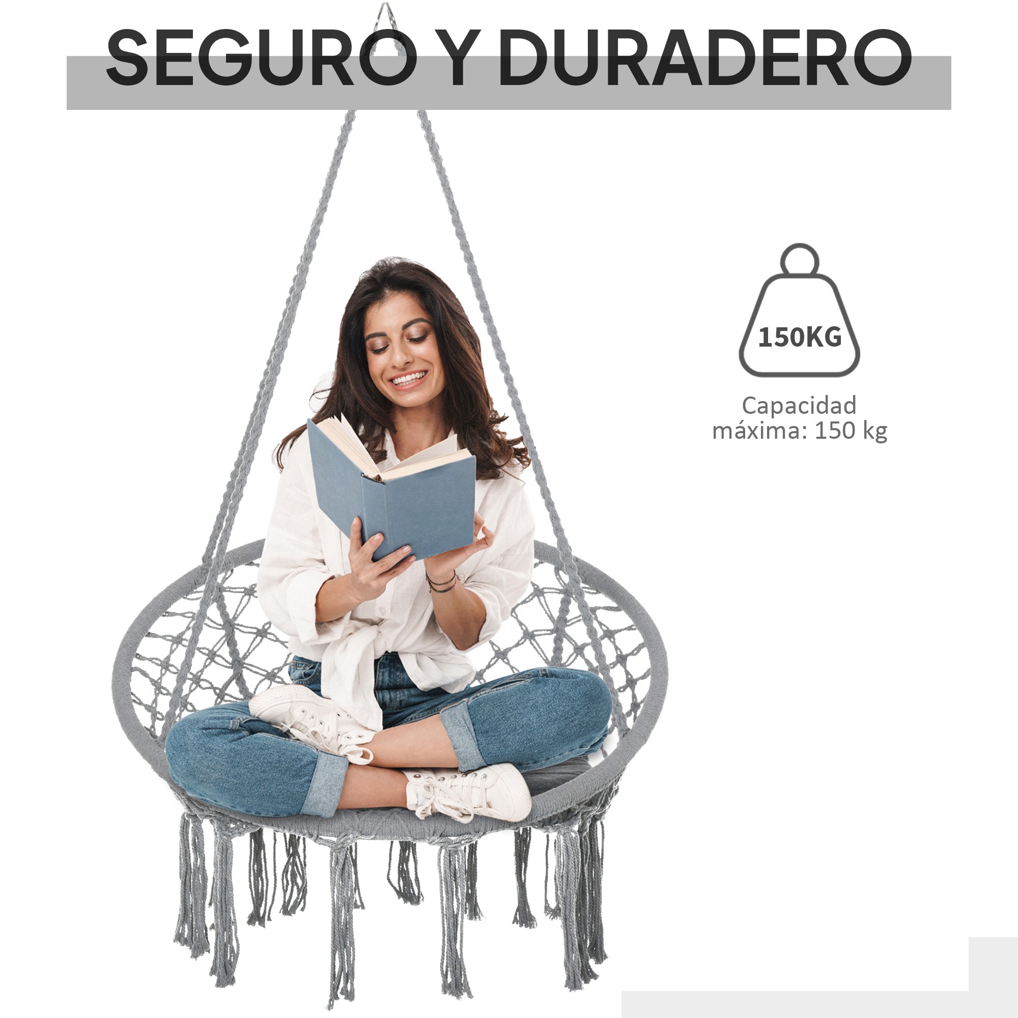 Round Hanging Chair Ø60 cm Hammock Swing with Cushion and Cotton Rope for Indoor and Outdoor 80x80x42 cm Gray