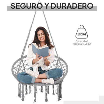 Round Hanging Chair Ø60 cm Hammock Swing with Cushion and Cotton Rope for Indoor and Outdoor 80x80x42 cm Gray