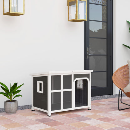 Small and Medium Dog House with Side Windows and Entrance Curtain, Outdoor Dog Kennel with Removable Base and Openable Roof, 90x62x71 cm, Light Grey