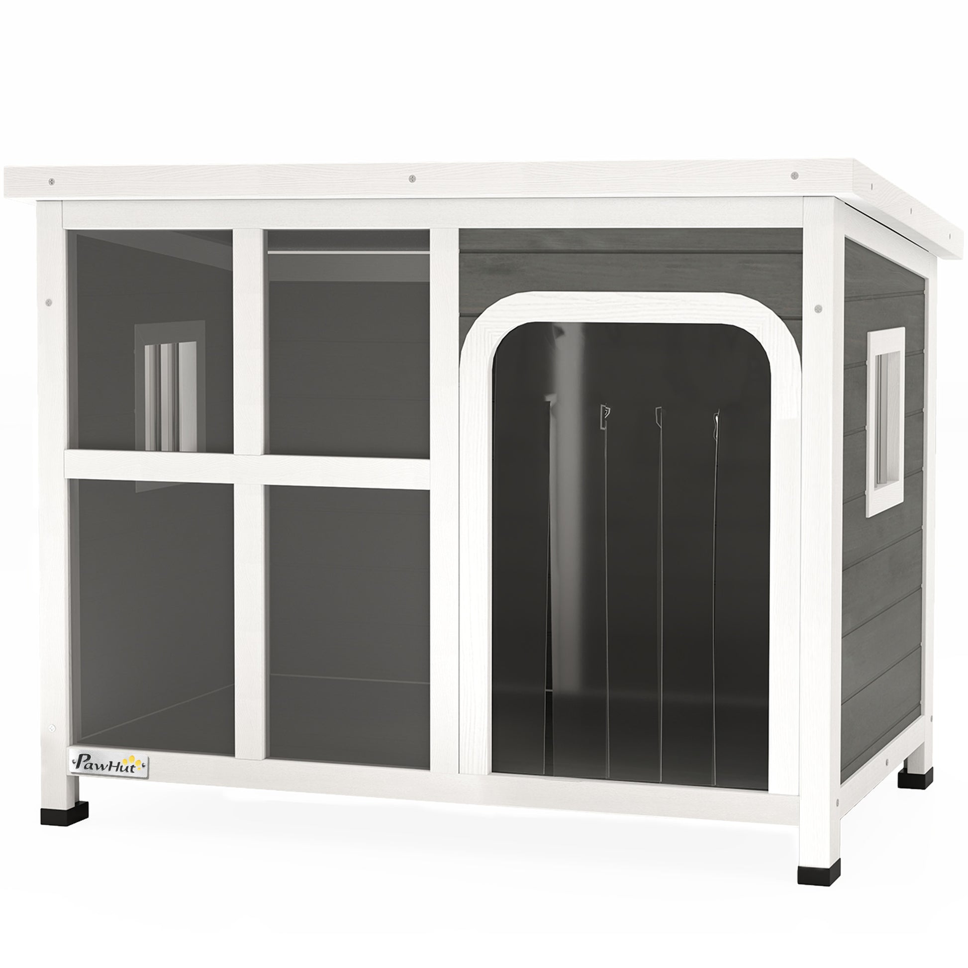 Small and Medium Dog House with Side Windows and Entrance Curtain, Outdoor Dog Kennel with Removable Base and Openable Roof, 90x62x71 cm, Light Grey