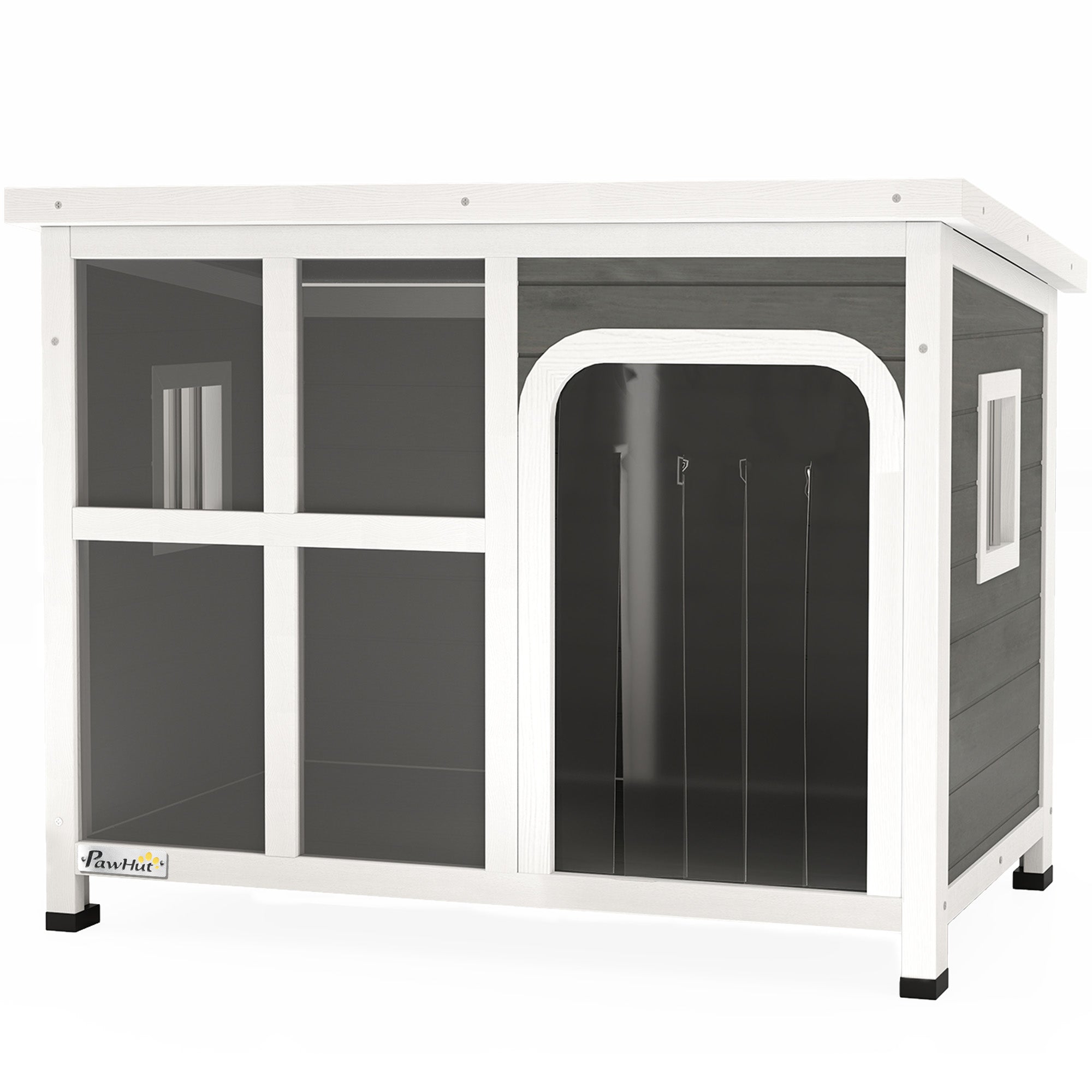 Small and Medium Dog House with Side Windows and Entrance Curtain, Outdoor Dog Kennel with Removable Base and Openable Roof, 90x62x71 cm, Light Grey