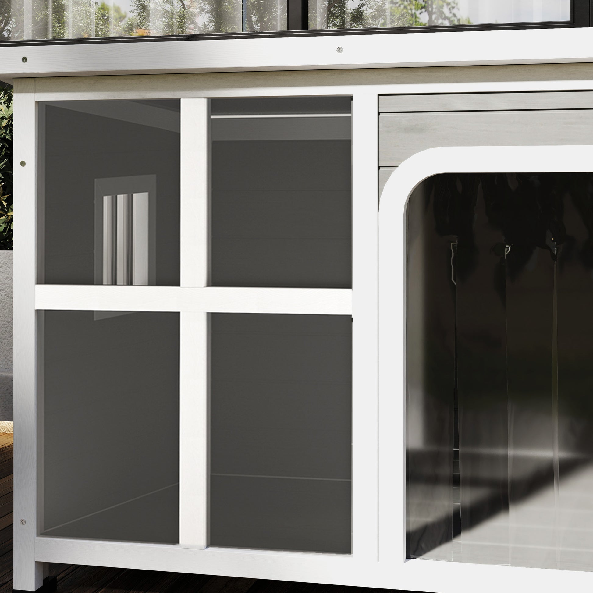 Small and Medium Dog House with Side Windows and Entrance Curtain, Outdoor Dog Kennel with Removable Base and Openable Roof, 90x62x71 cm, Light Grey