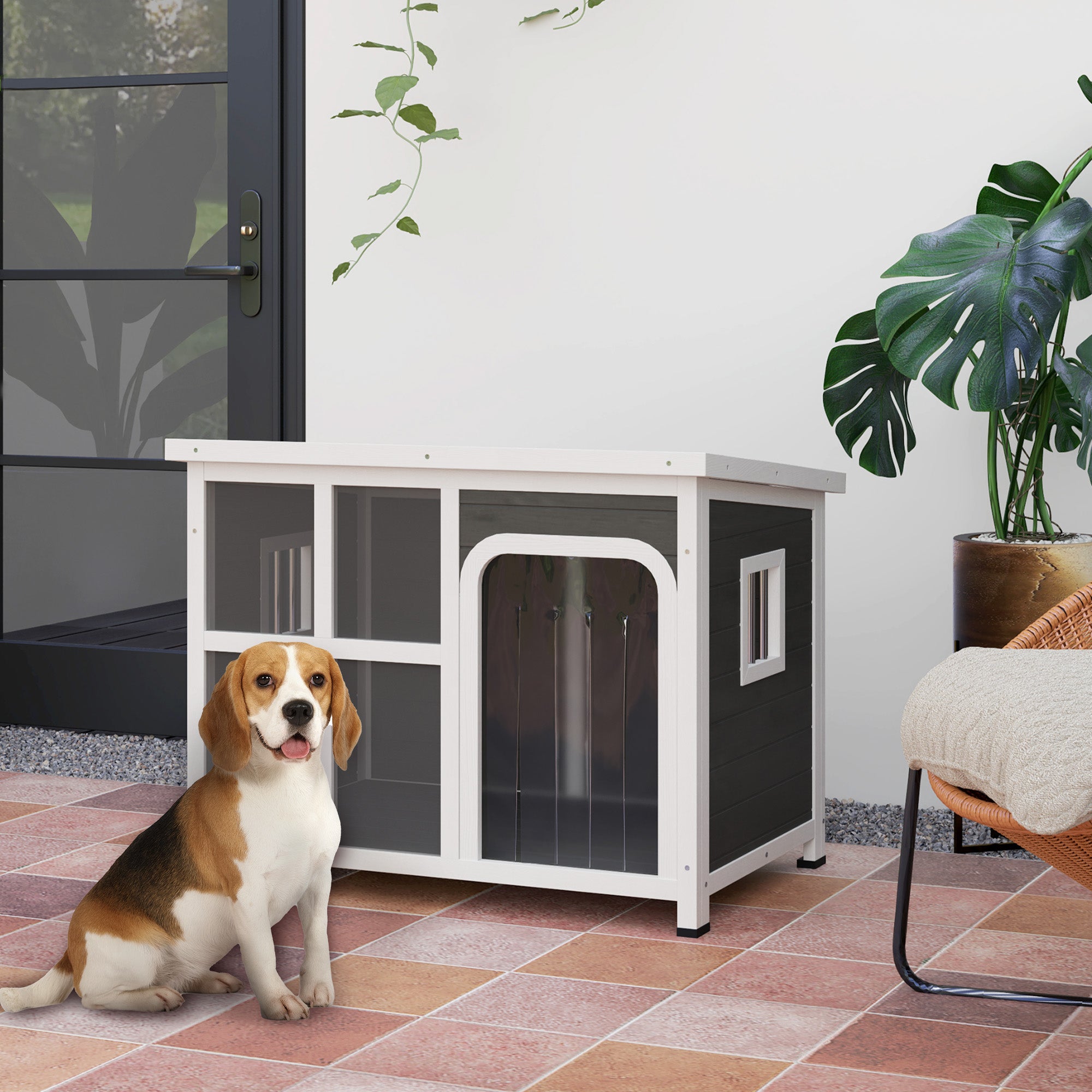 Small and Medium Dog House with Side Windows and Entrance Curtain, Outdoor Dog Kennel with Removable Base and Openable Roof, 90x62x71 cm, Light Grey