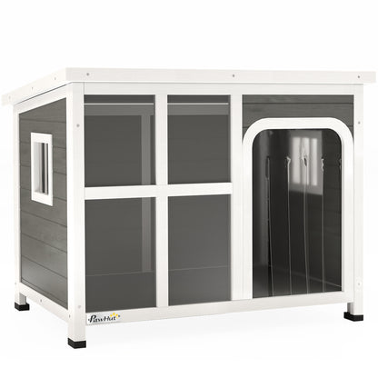 Small and Medium Dog House with Side Windows and Entrance Curtain, Outdoor Dog Kennel with Removable Base and Openable Roof, 90x62x71 cm, Light Grey