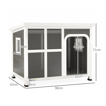 Small and Medium Dog House with Side Windows and Entrance Curtain, Outdoor Dog Kennel with Removable Base and Openable Roof, 90x62x71 cm, Light Grey