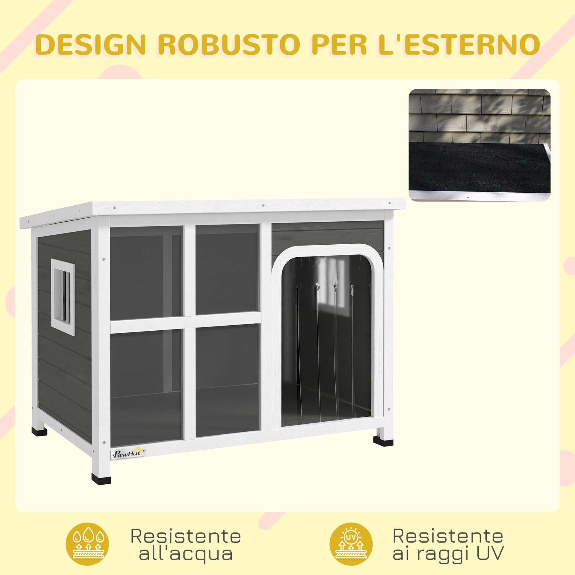 Small and Medium Dog House with Side Windows and Entrance Curtain, Outdoor Dog Kennel with Removable Base and Openable Roof, 90x62x71 cm, Light Grey
