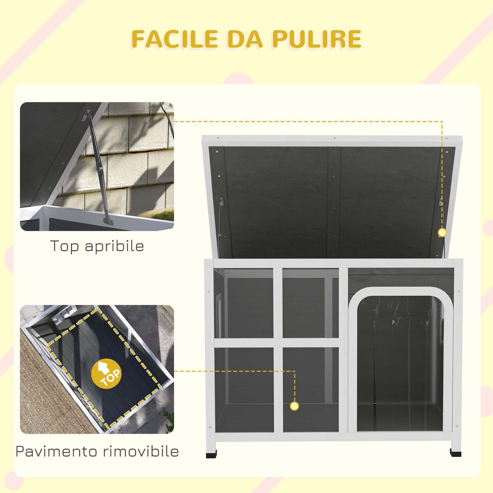 Small and Medium Dog House with Side Windows and Entrance Curtain, Outdoor Dog Kennel with Removable Base and Openable Roof, 90x62x71 cm, Light Grey