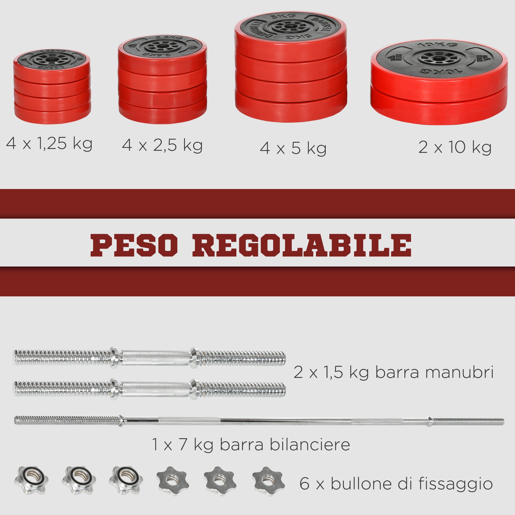 65kg Barbell and Weights Set for Home Workout, Metal, Iron Sand, and Rubber, Red