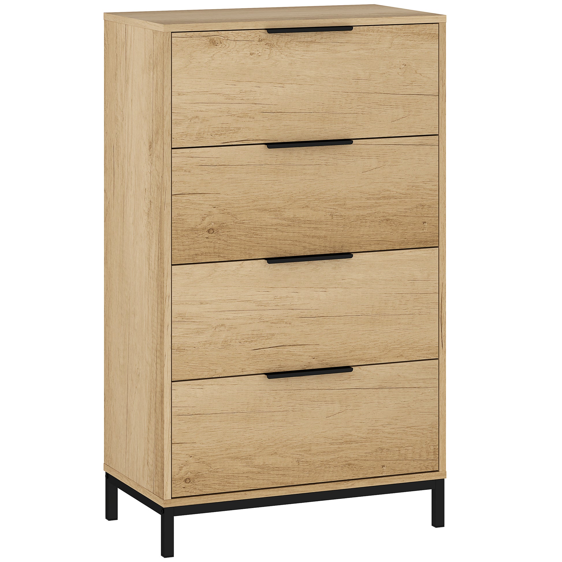 4-Drawer Anti-Tip Chest with Black Handles, Chipboard and Metal, 62x35x105 cm, Light Brown