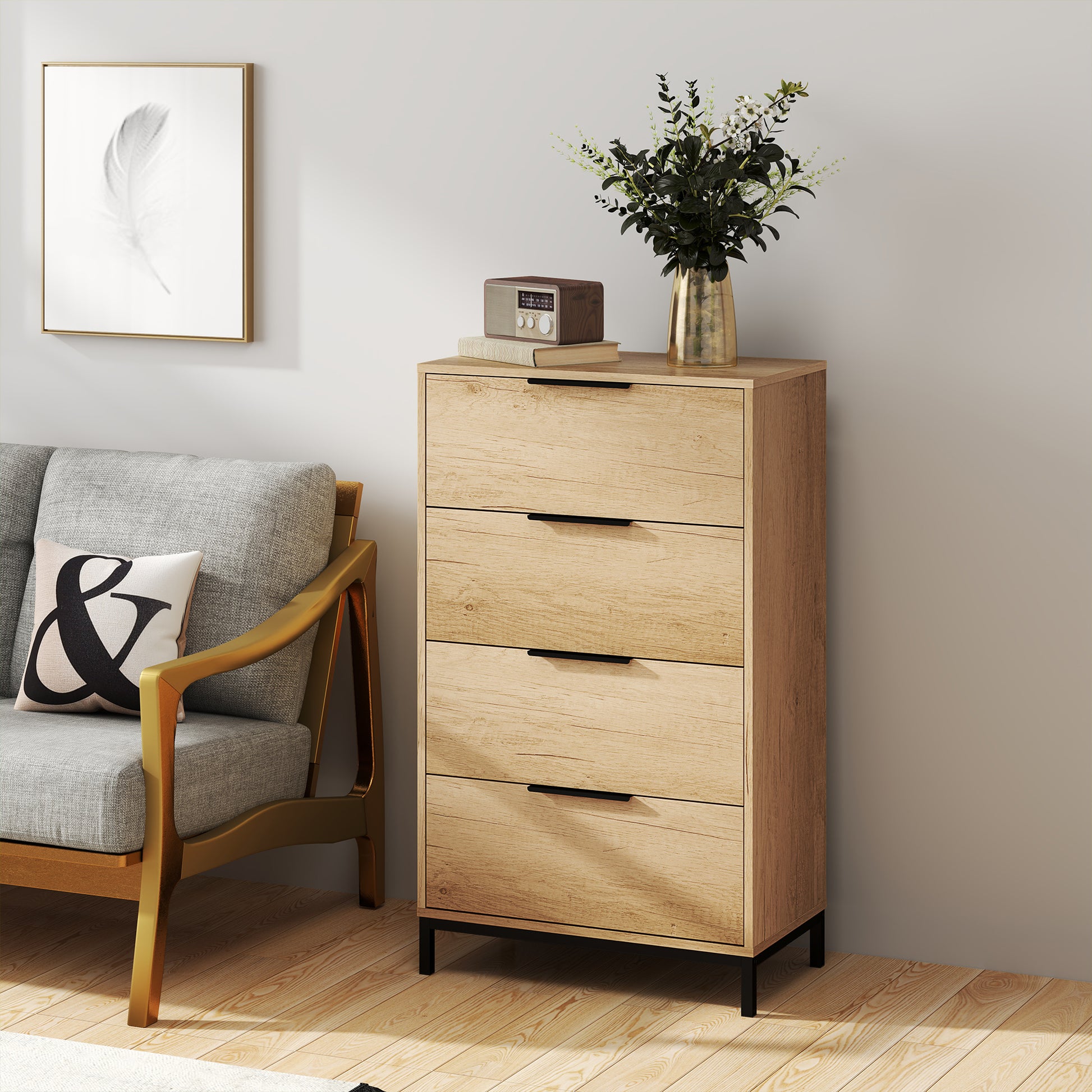 4-Drawer Anti-Tip Chest with Black Handles, Chipboard and Metal, 62x35x105 cm, Light Brown