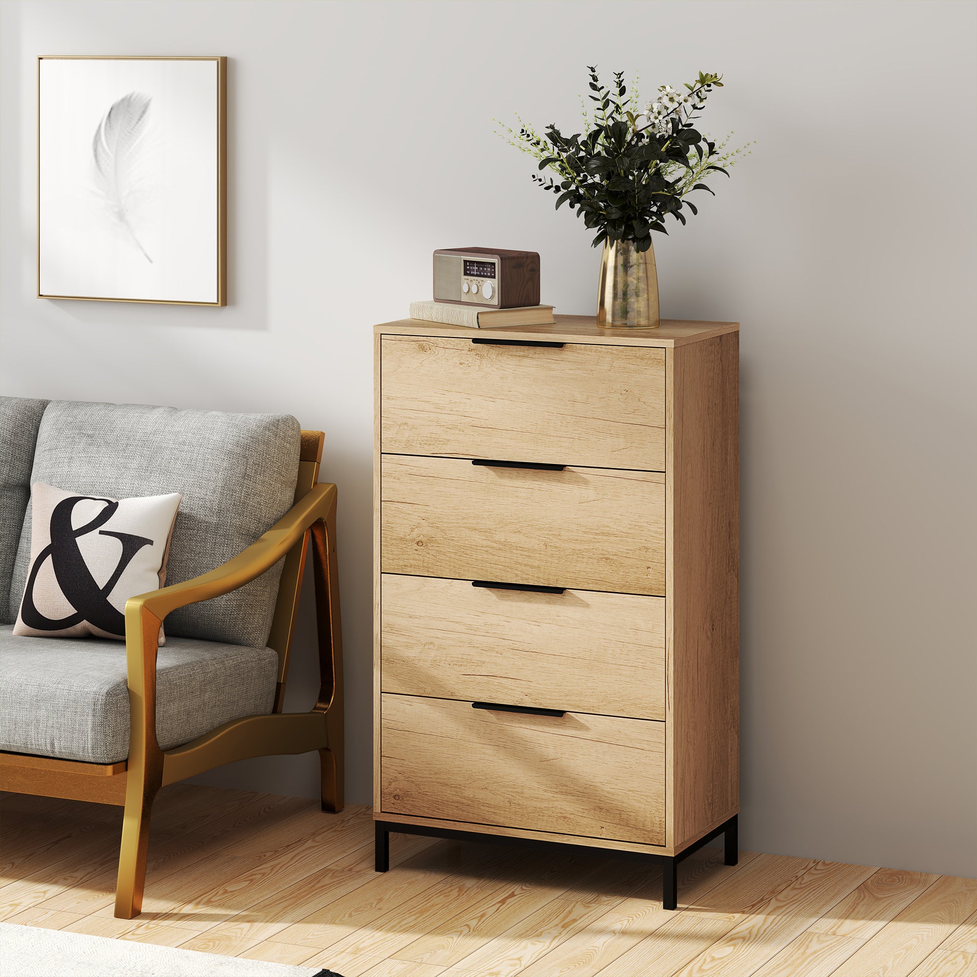 4-Drawer Anti-Tip Chest with Black Handles, Chipboard and Metal, 62x35x105 cm, Light Brown
