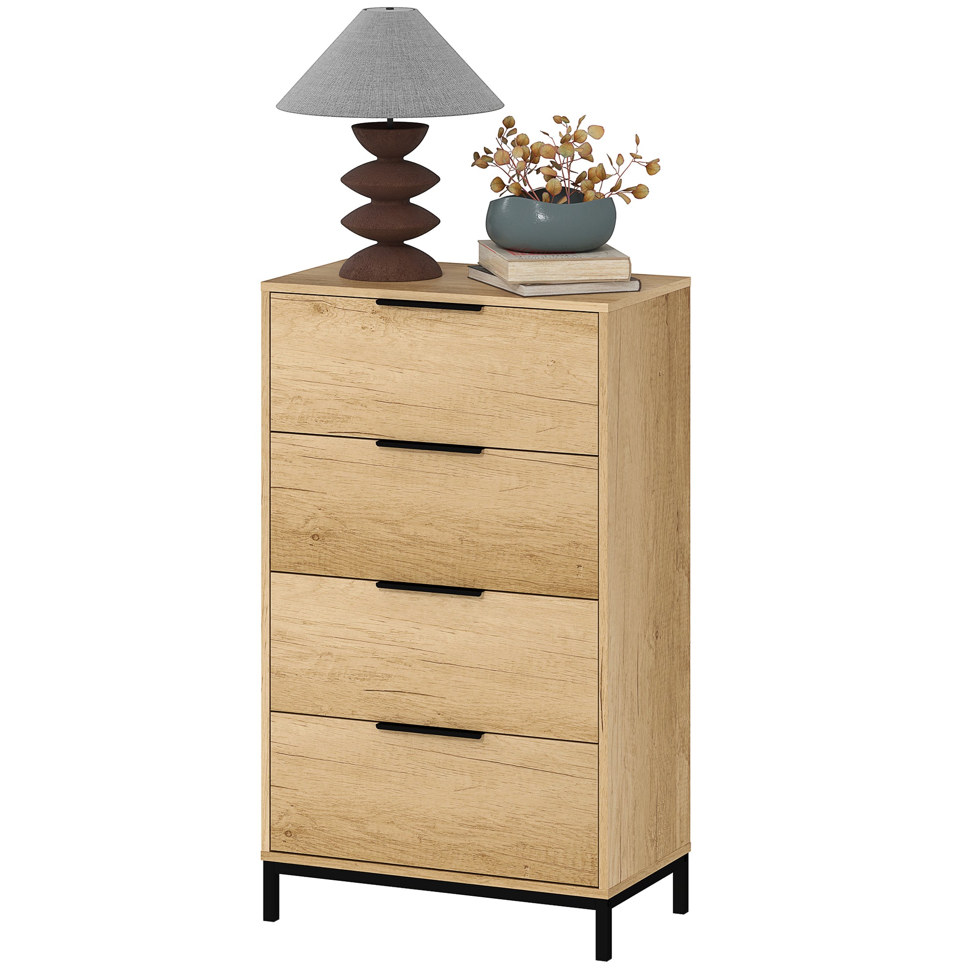 4-Drawer Anti-Tip Chest with Black Handles, Chipboard and Metal, 62x35x105 cm, Light Brown