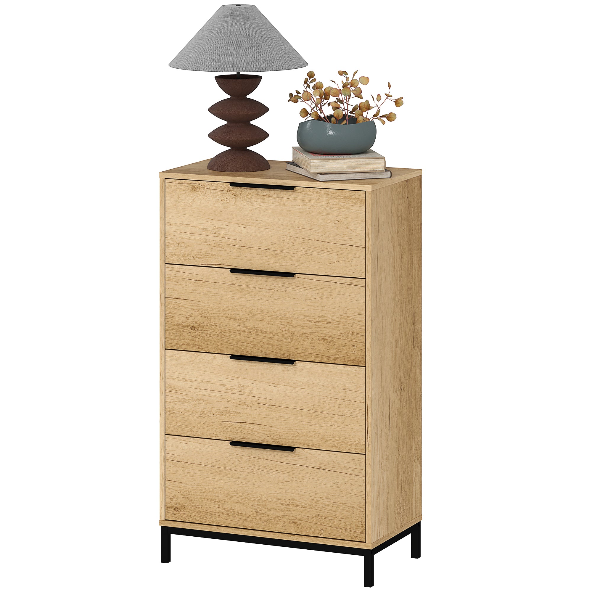 4-Drawer Anti-Tip Chest with Black Handles, Chipboard and Metal, 62x35x105 cm, Light Brown