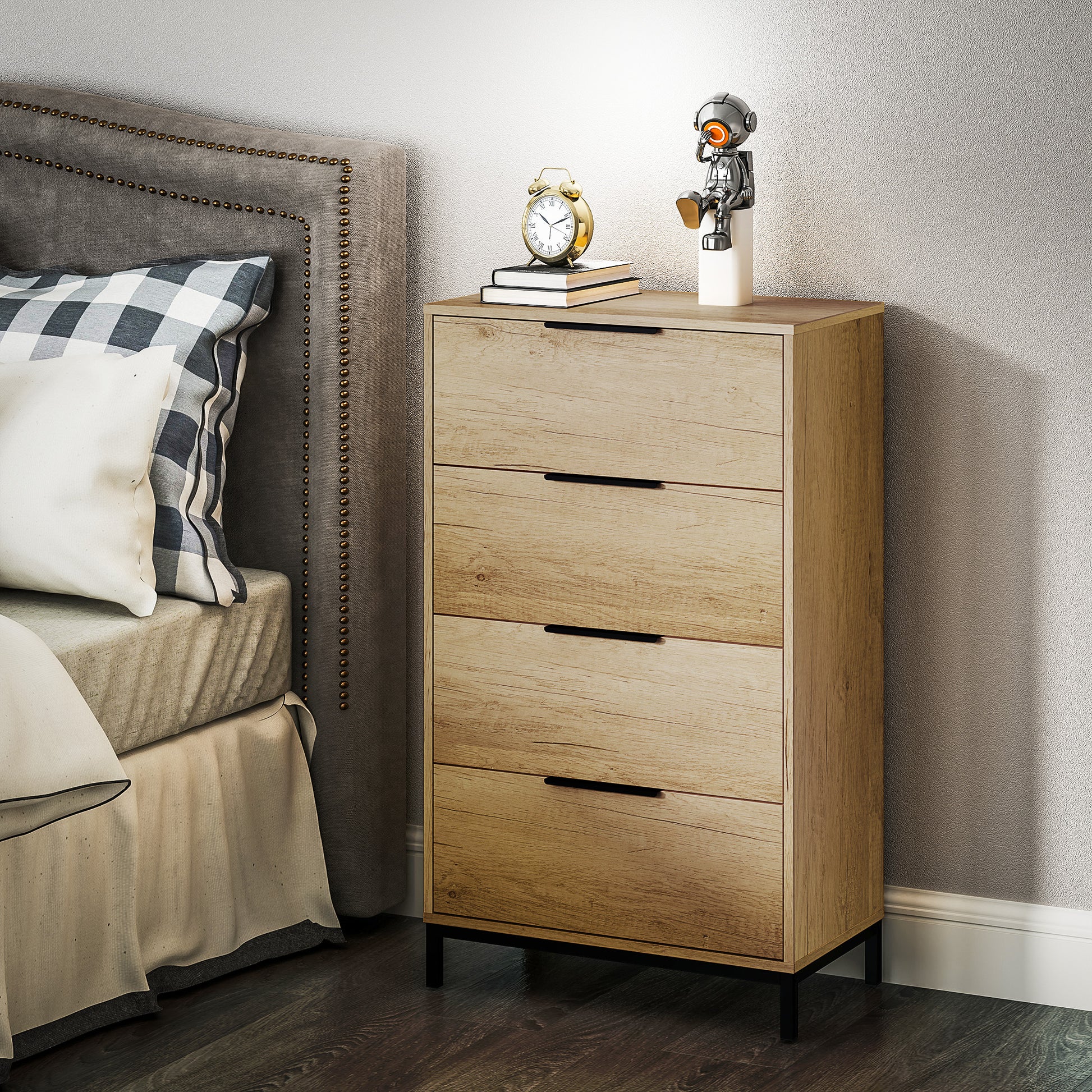 4-Drawer Anti-Tip Chest with Black Handles, Chipboard and Metal, 62x35x105 cm, Light Brown