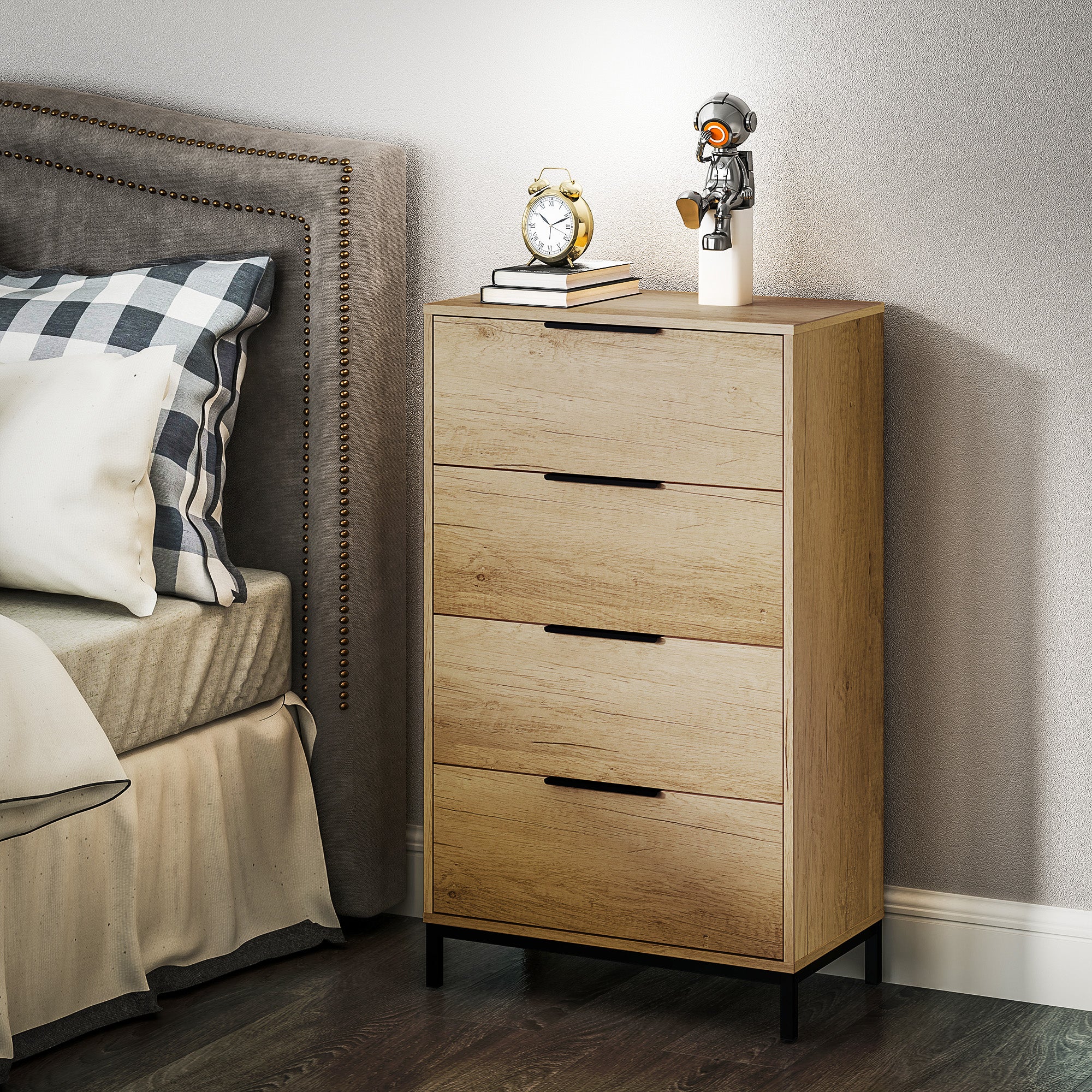 4-Drawer Anti-Tip Chest with Black Handles, Chipboard and Metal, 62x35x105 cm, Light Brown