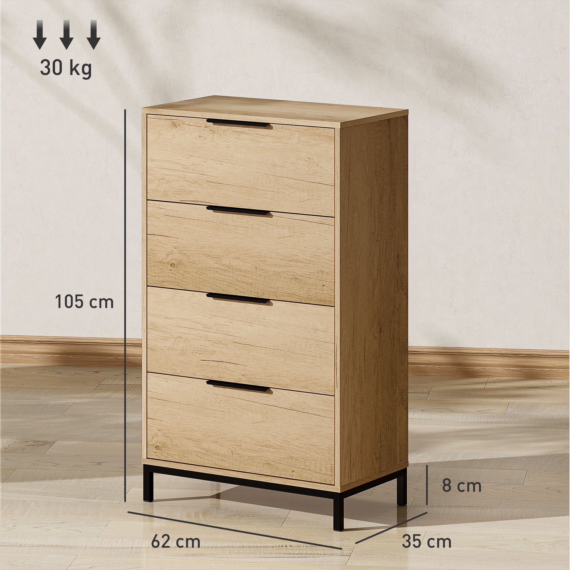 4-Drawer Anti-Tip Chest with Black Handles, Chipboard and Metal, 62x35x105 cm, Light Brown