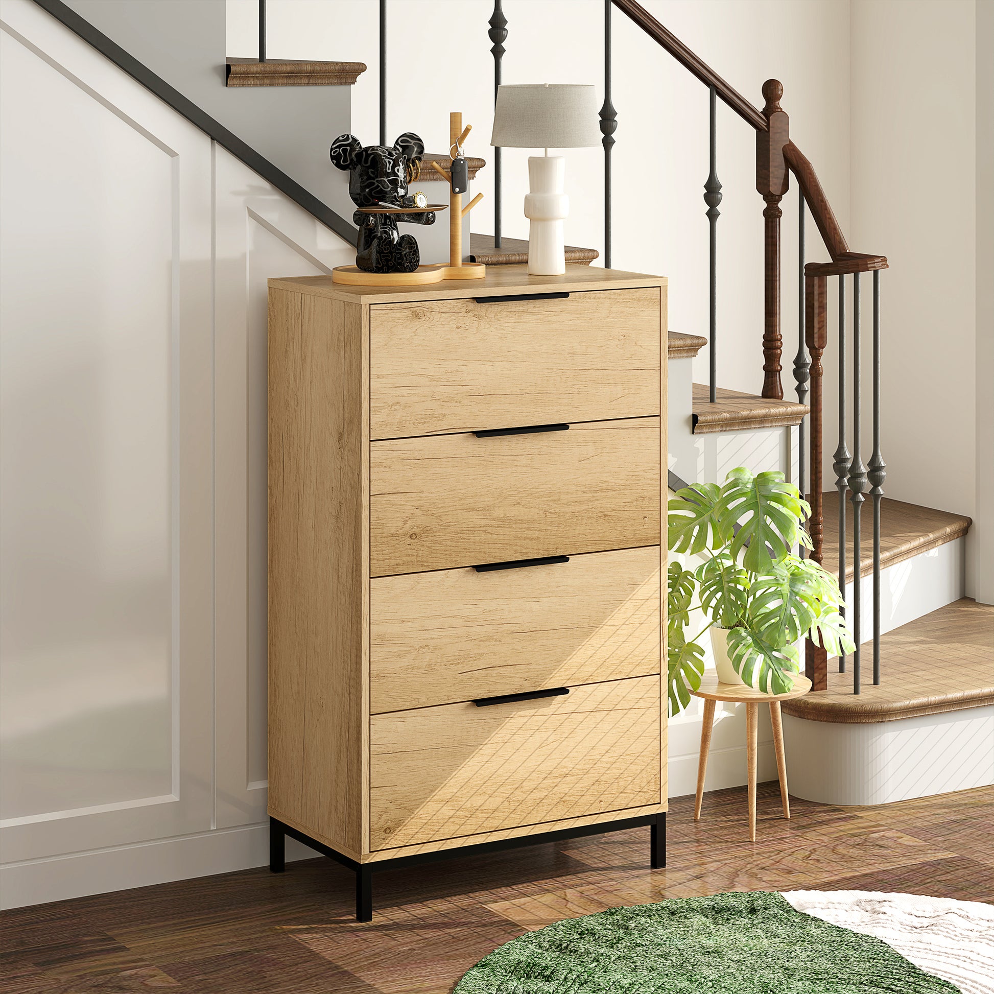 4-Drawer Anti-Tip Chest with Black Handles, Chipboard and Metal, 62x35x105 cm, Light Brown