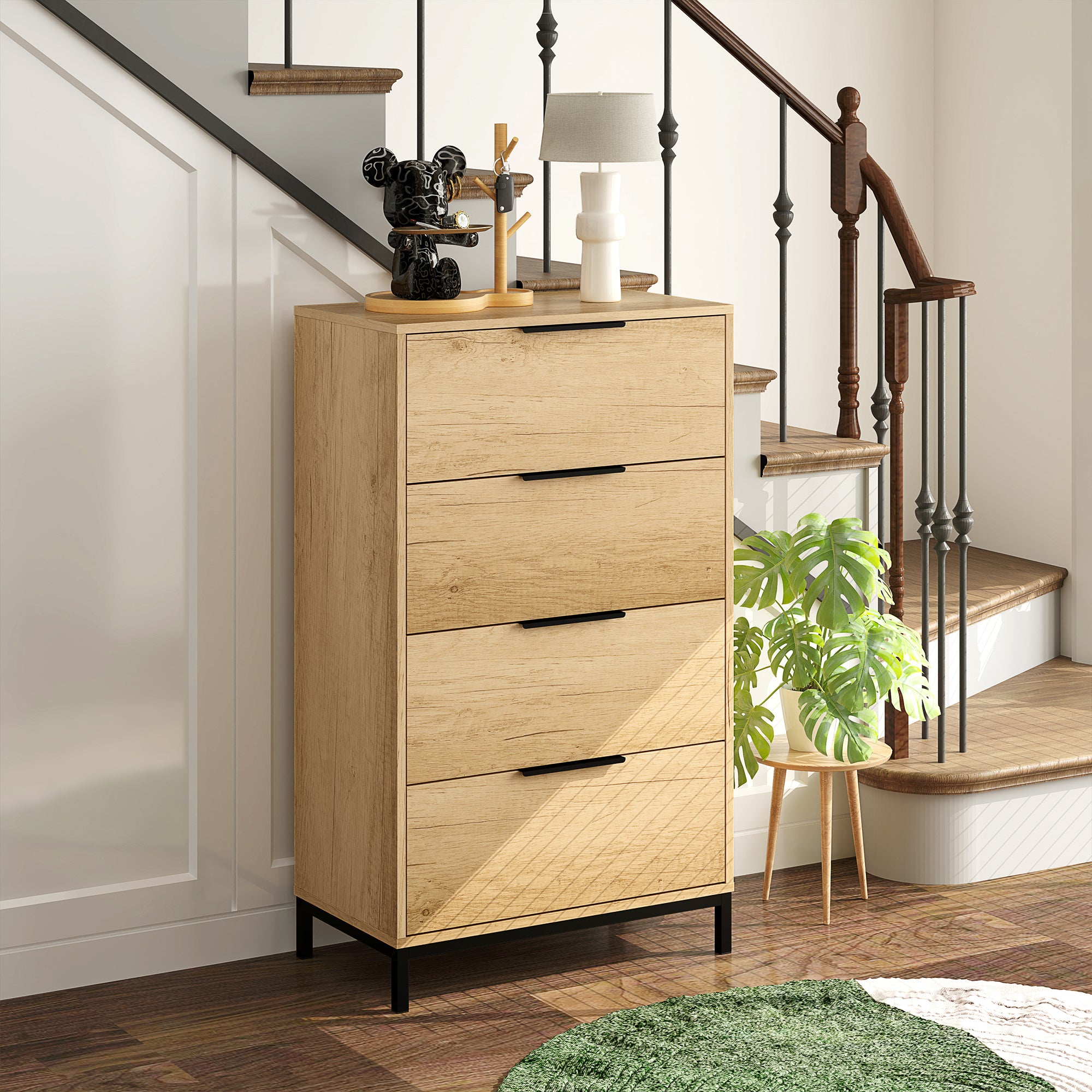 4-Drawer Anti-Tip Chest with Black Handles, Chipboard and Metal, 62x35x105 cm, Light Brown