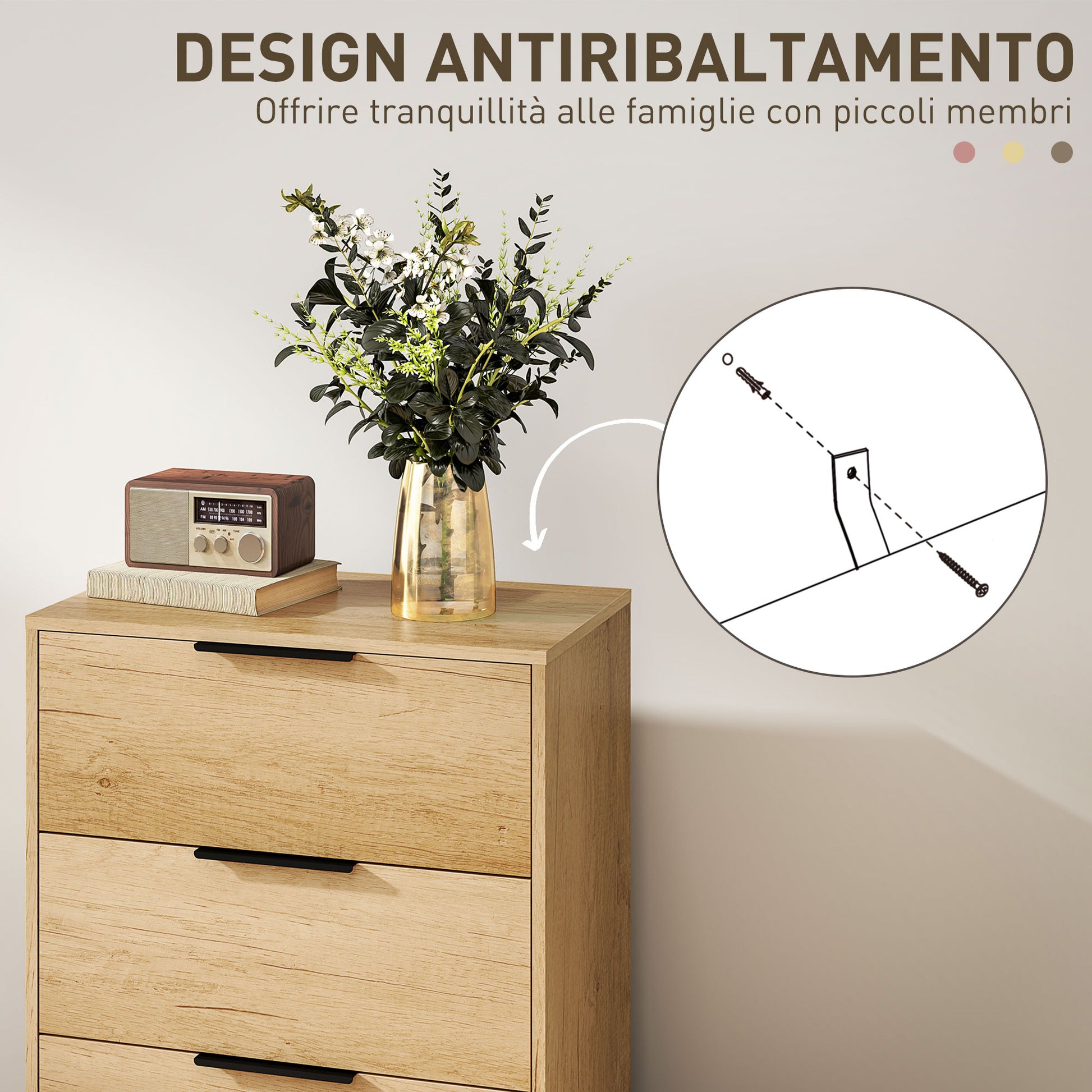 4-Drawer Anti-Tip Chest with Black Handles, Chipboard and Metal, 62x35x105 cm, Light Brown