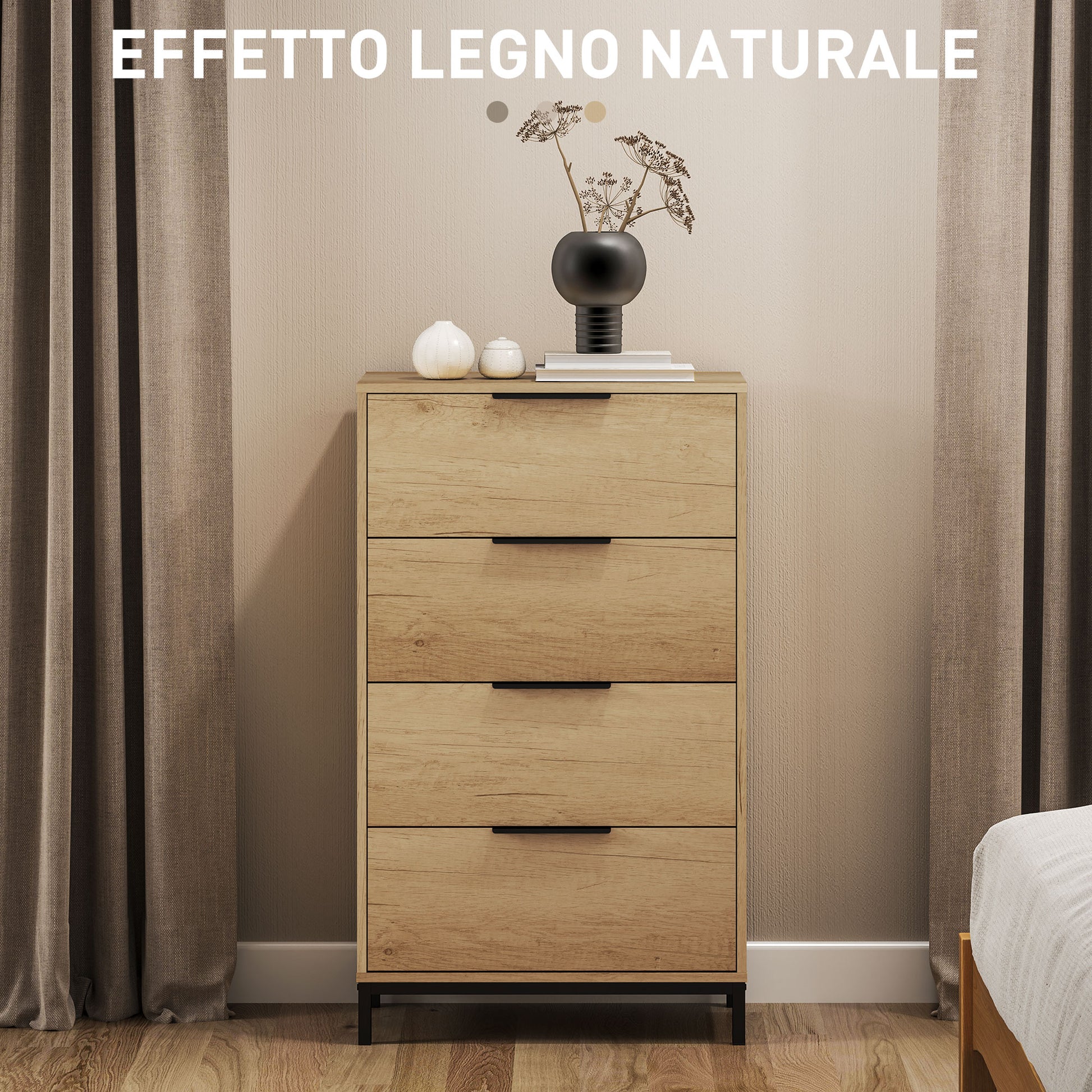 4-Drawer Anti-Tip Chest with Black Handles, Chipboard and Metal, 62x35x105 cm, Light Brown