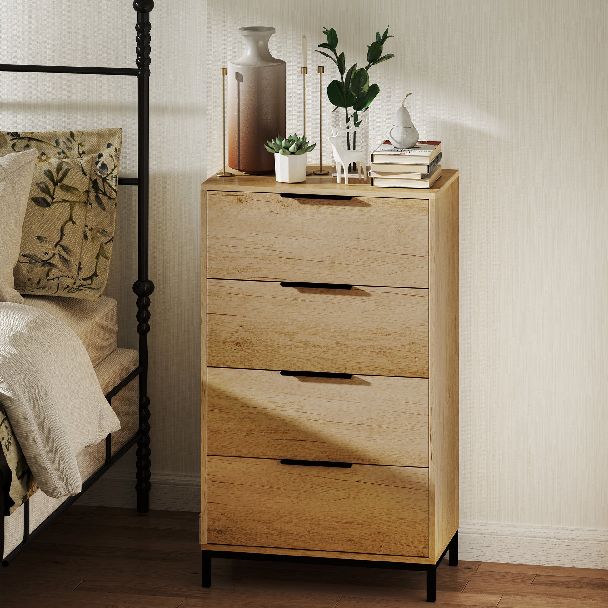 4-Drawer Anti-Tip Chest with Black Handles, Chipboard and Metal, 62x35x105 cm, Light Brown